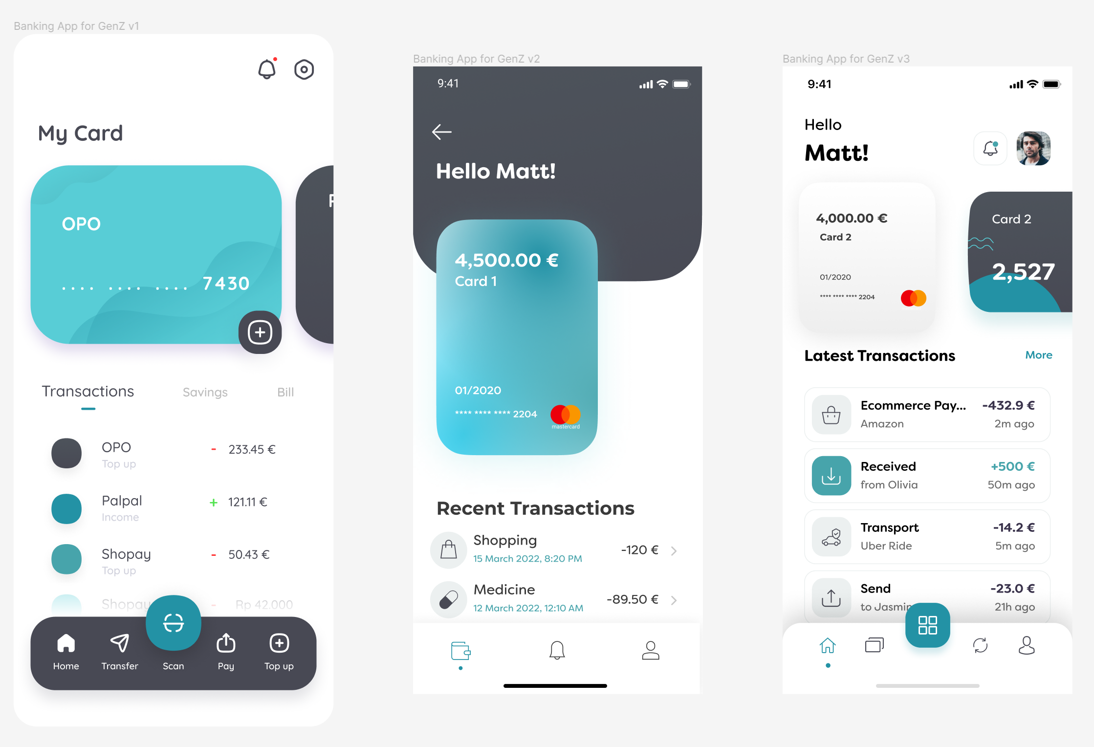 Three UI design alternatives for the GenZ banking app